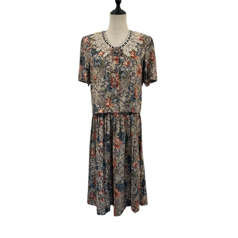 Vtg 80s Jeffery & Dara Two Piece Top Skirt Floral Cottagecore‎ Boho Lace Collar